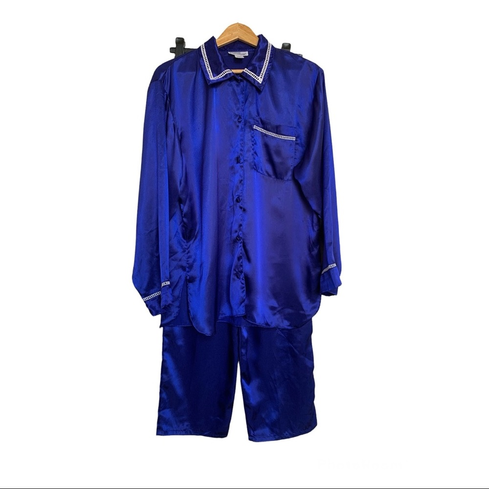 Vintage Satin Pyjamas Set Royal Blue Size Large
